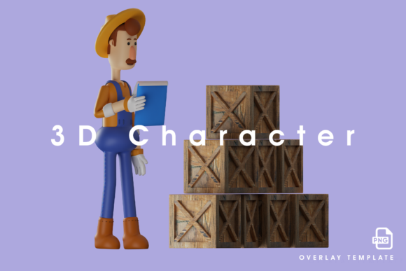 3D Farmer Checking Pile of Wooden Boxes