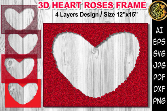 3D Heart Red Roses Layered Design Frame