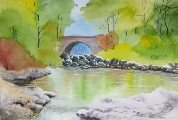 Watercolor Hand Drawn Scenic Bridge