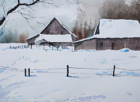 Watercolor Home Winter Landscape Handart